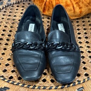 Steve Madden Black Leather Loafers with Chain Accent